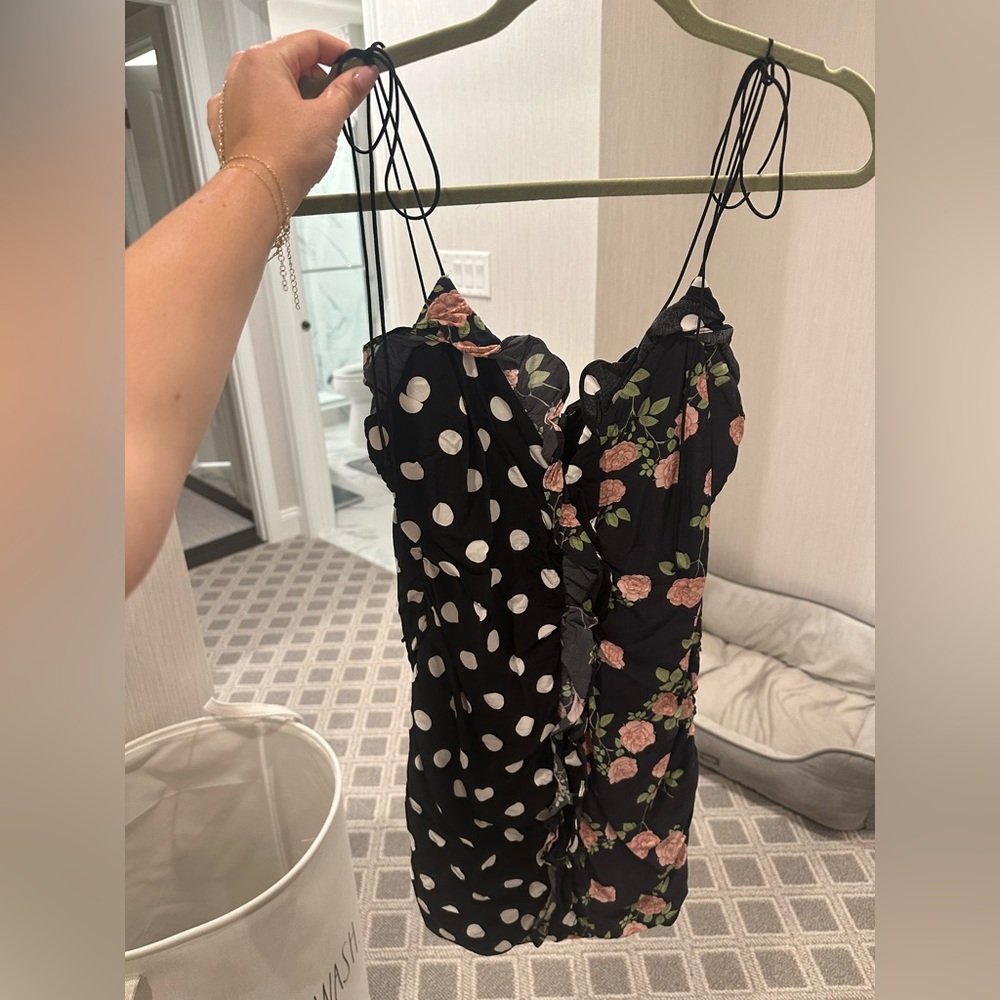 For Love and Lemons Mochi Shirred Polka Dot & Floral Mini Dress